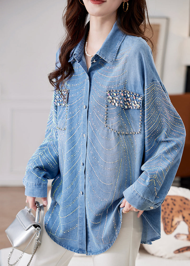 Blue Nail Bead Zircon Button Denim Shirts Spring