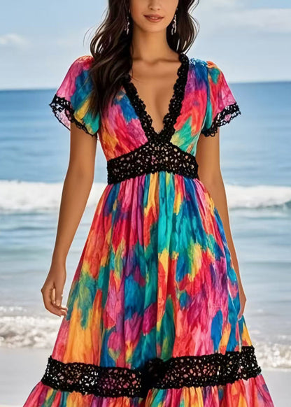 Rainbow Cinched Patchwork Chiffon Vacation Dresses Summer