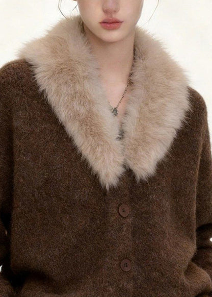 Coffee Fur Collar Button Patchwork Knit Coats Spring