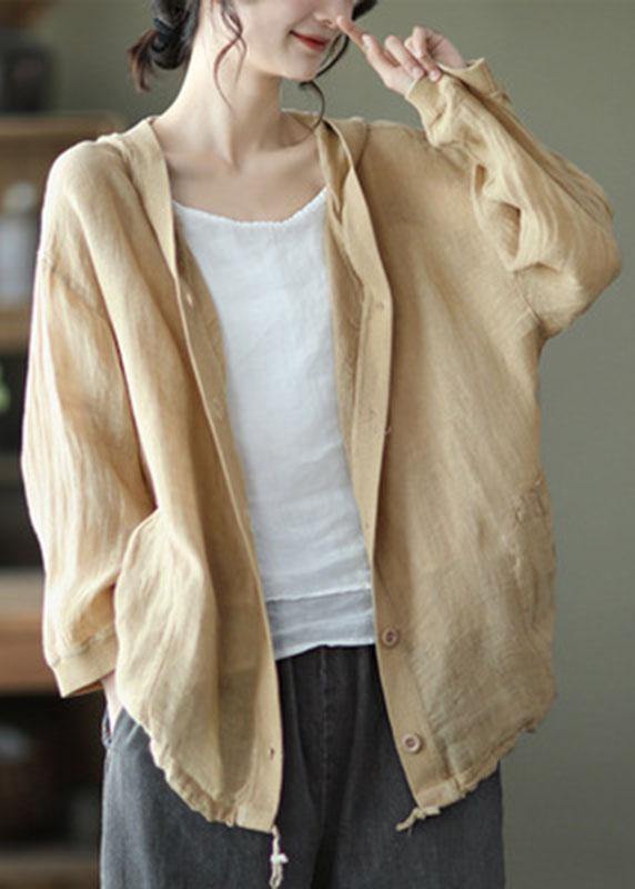 French Red Button Hooded Ramie Long Sleeve Shirt Tops