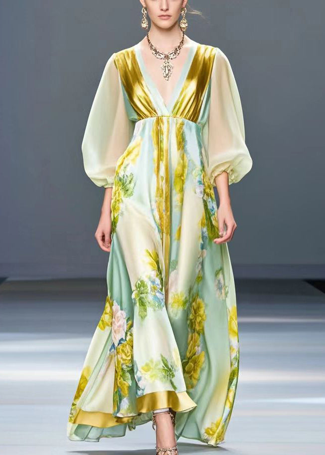 Light Green V Neck Print Silk Holiday Dress Fall