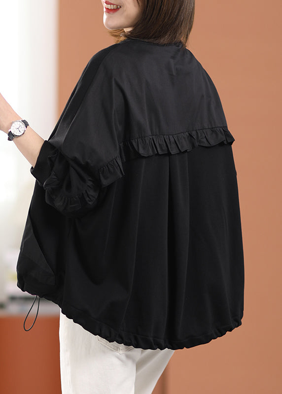 Diy Black O-neck Zippered Pockets Cotton Coats Long Sleeve