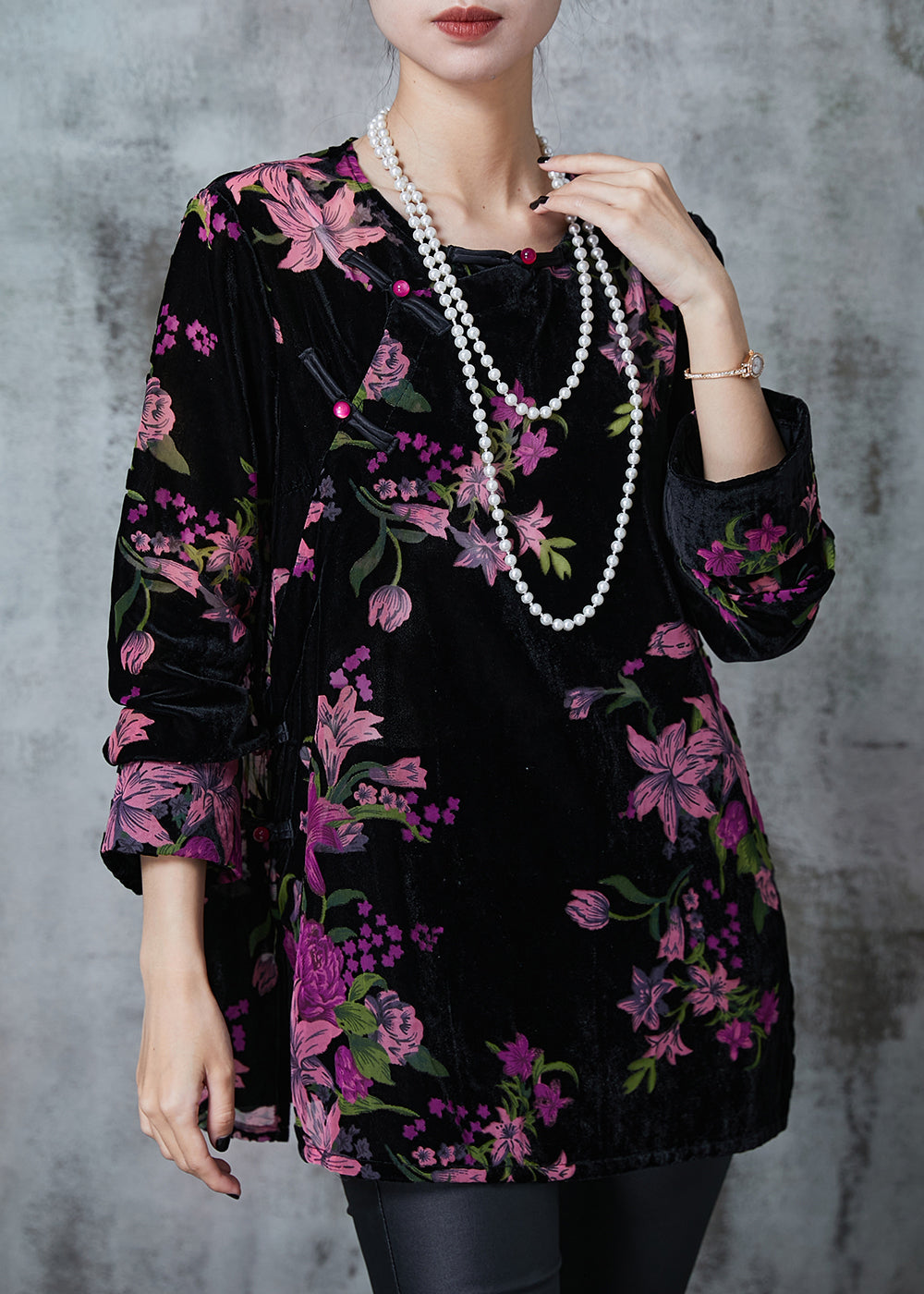 Black Print Chinese Button Silk Velour Shirt Fall