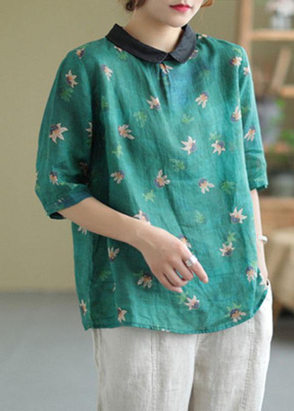 Modern Green Peter Pan Collar Print Summer Ramie Half Sleeve Tops