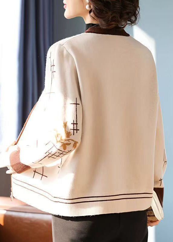 Coffee Zip Up Print Knit Coats Fall