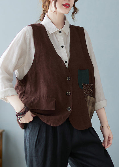 Coffee V Neck Pockets Button Cotton Vest Tops Sleeveless