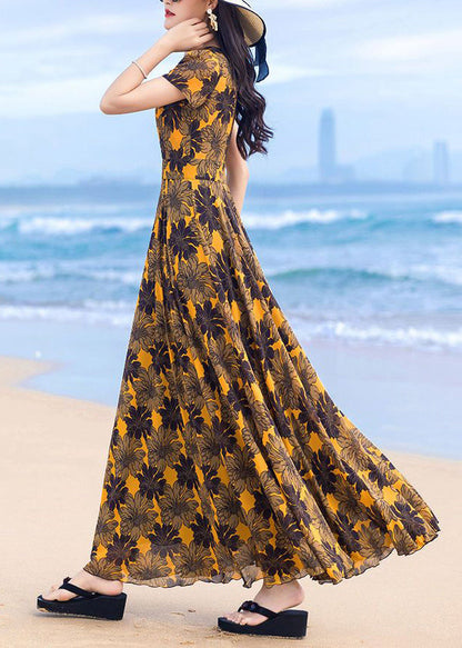 Classy Yellow V Neck Print Wrinkled Chiffon Dress Summer