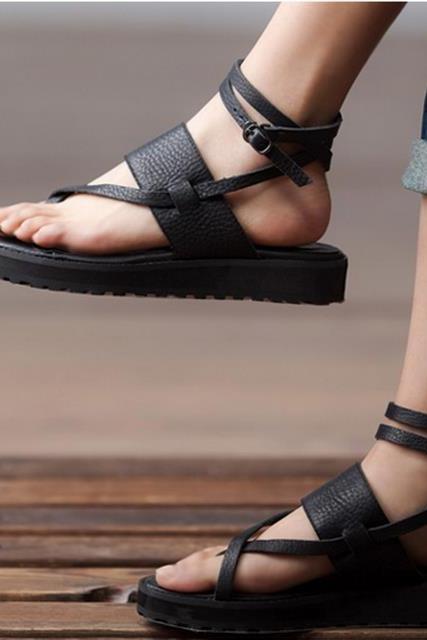 Summer Black Flat Strappy Sandals