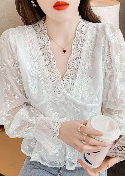 White Embroidered Hollow Out Cotton Blouses Spring