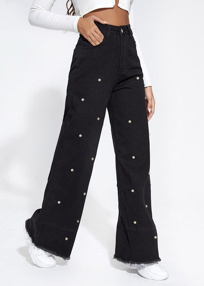 Black Pockets Pearl Straight Denim Pants Fall