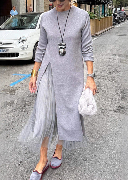 Apricot O Neck Side Open Patchwork Knit Long Sweater Winter