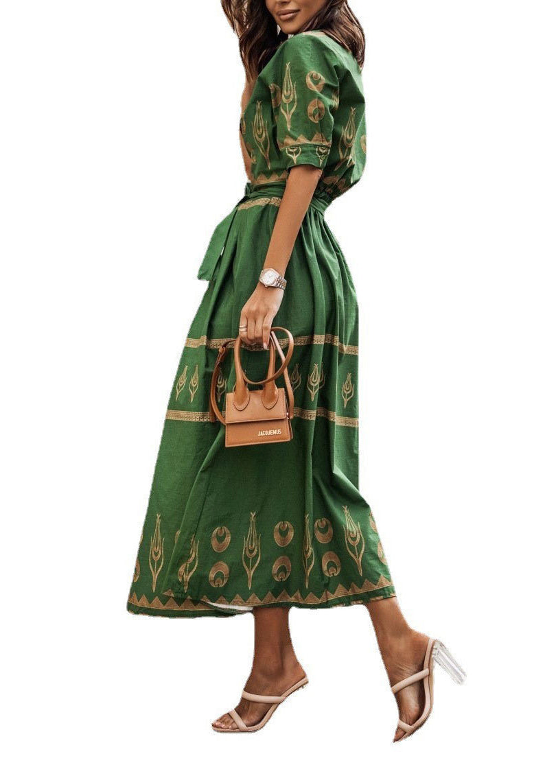 White Stand Collar Print Lace Up Cotton Dress Summer