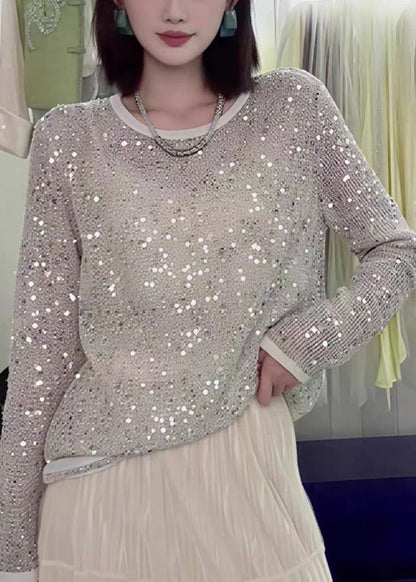 O-neck Sequins Hollow Out Knit Top Fall