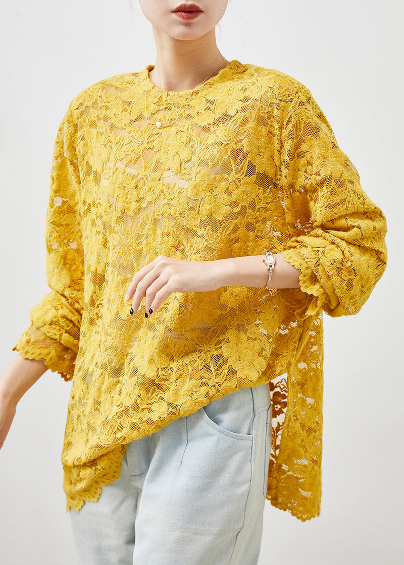 Yellow Hollow Out Side Open Lace Top Summer