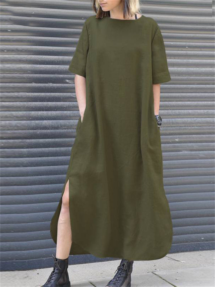 Wind Cotton Linen Color Round Neck Summer Irregular Dresses