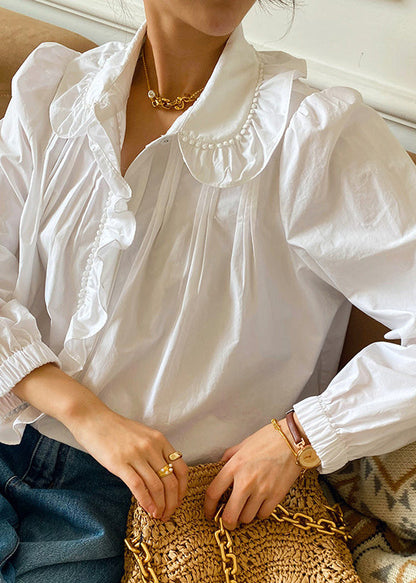 Fine White Peter Pan Collar Ruffled Patchwork Cotton Shirts Spring