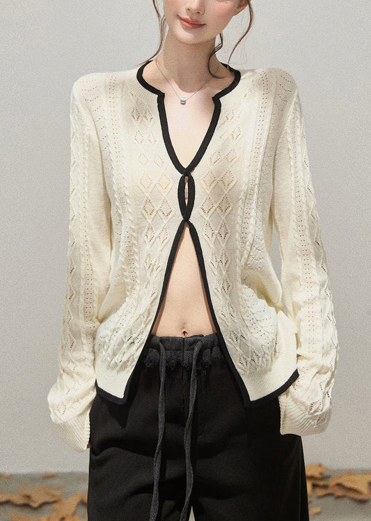 White Hollow Out Side Open Knit Tops Fall