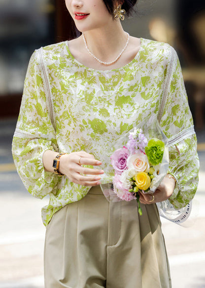 Organic Fluorescent Green O-neck Patchwork Chiffon Shirts Fall