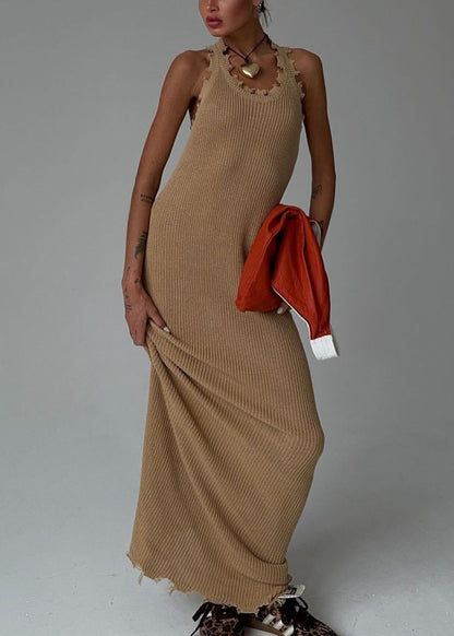 Slim Fit Khaki O Neck Knit Maxi Dresses Sleeveless