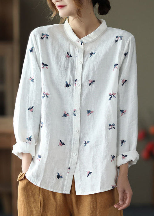 White Peter Pan Collar Embroidered Patchwork Linen Top Spring