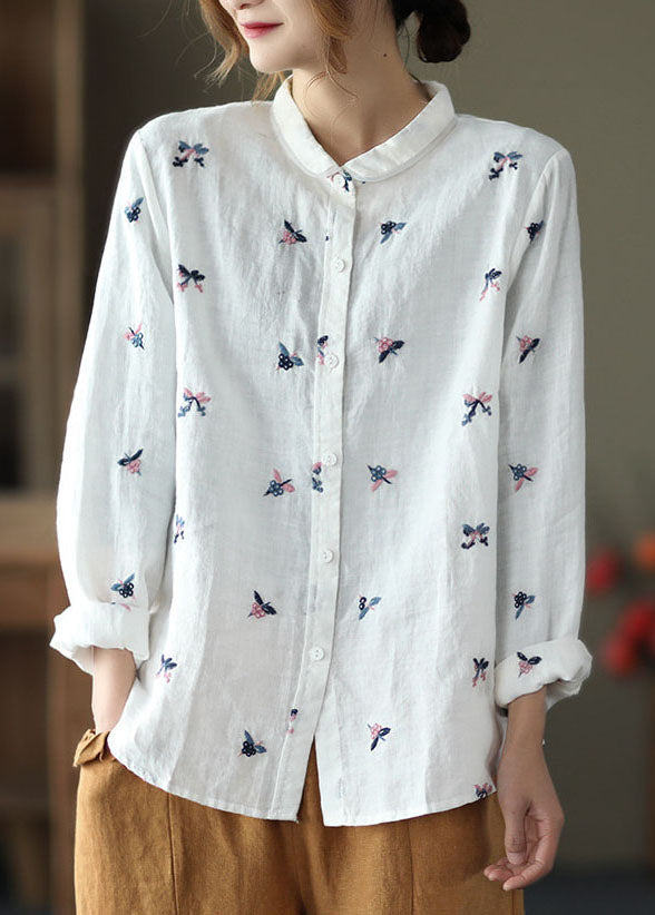 White Peter Pan Collar Embroidered Patchwork Linen Top Spring