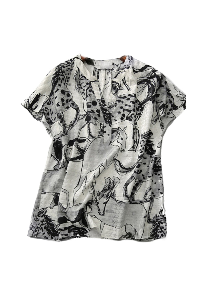 New V Neck Print Chiffon Tops Summer