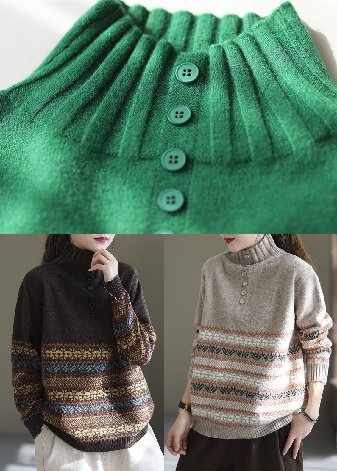 Green High Neck Print Knit Pullover Spring