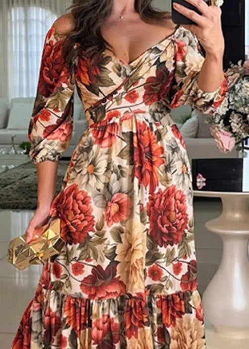 Photo Color V Neck Print Cotton Long Dresses Bracelet Sleeve