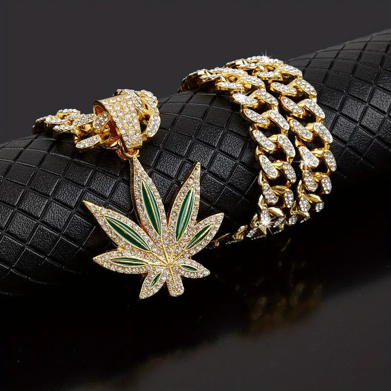 Green Leaf Retro Cuban Necklace – Hip-hop Style for