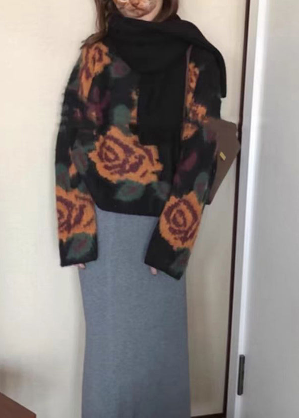 French Black O Neck Jacquard Knit Sweater Tops Spring