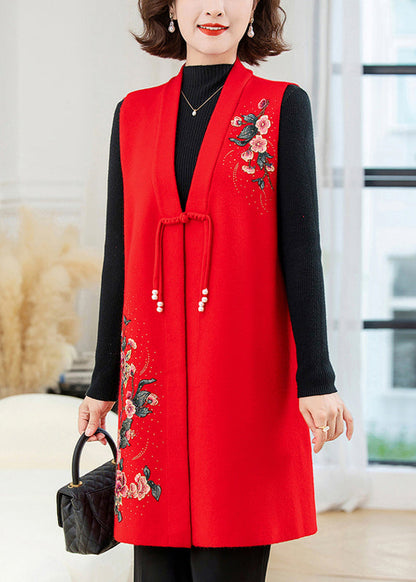 Red Long Wool Knit Waistcoat Embroidered Sleeveless