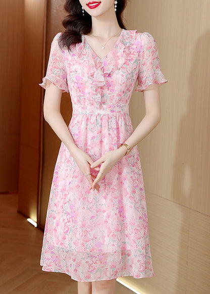 Pink V Neck Ruffled Print Chiffon Dress Summer