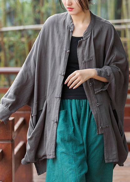 Grey Pockets Linen Coats Stand Collar Fall