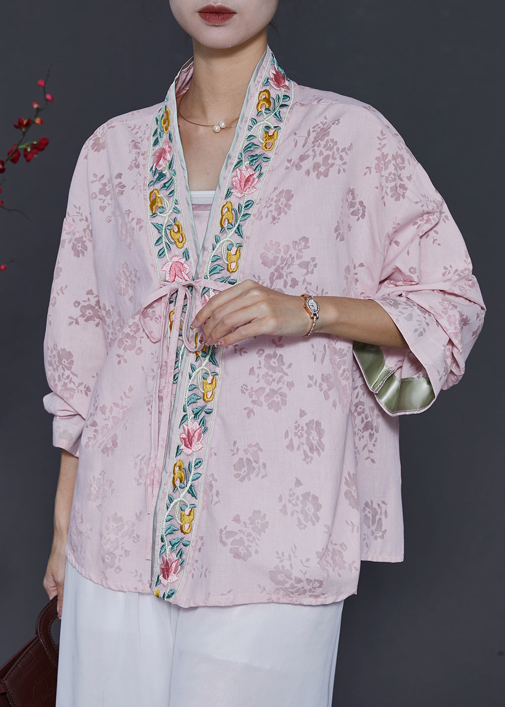 Pink Embroidered Lace Up Silk Cardigans Spring