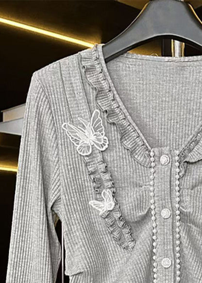 Grey V Neck Ruffled Butterfly Cotton T Shirts Spring