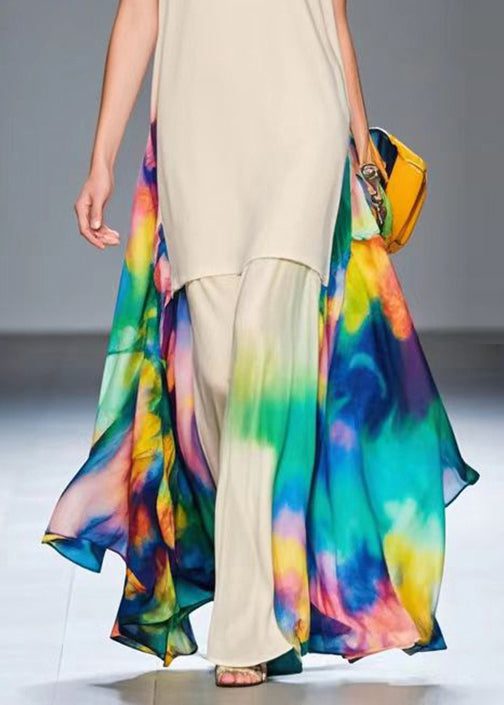 Apricot Print Patchwork Chiffon Long Dresses Summer