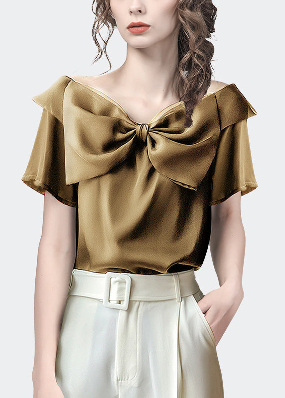 Fashionable Camel Short Sleeved Bow Neckline Shirt Top