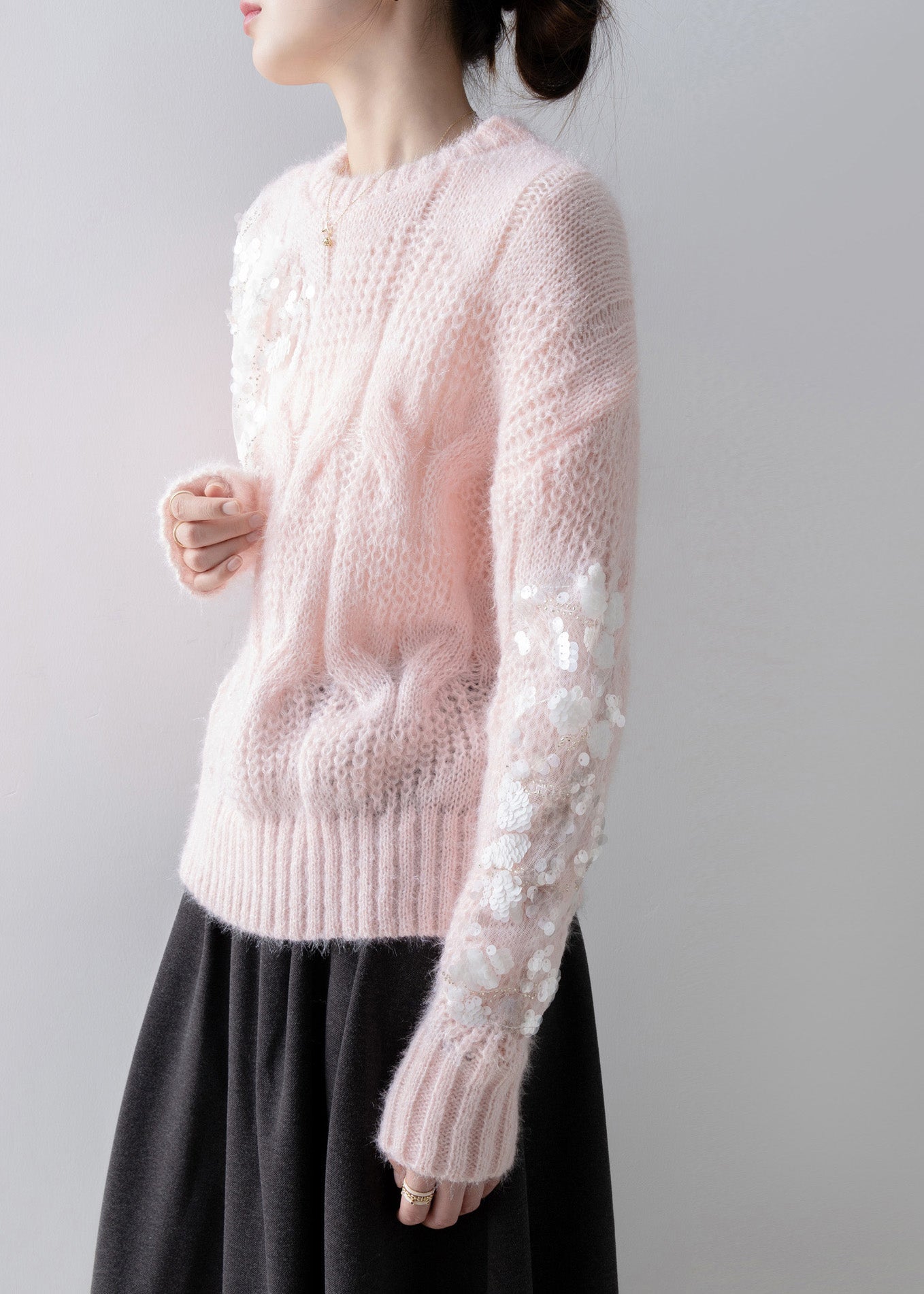 New Pink O Neck Sequins Knit Sweater Tops Spring