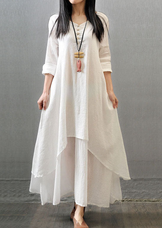 Long Sleeve Double Layers Button Asymmetric Orange Polka Dots Maxi Dress
