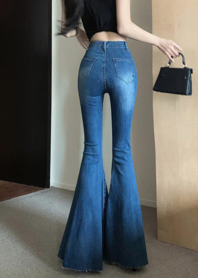 Navy Tummy Control Denim Bell-bottom Trousers Spring