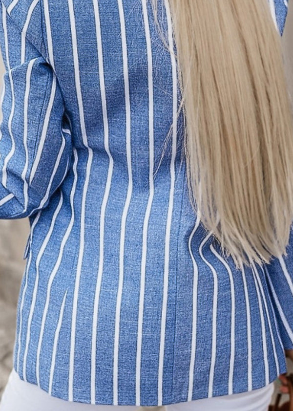 French Blue Notched Striped Button Cotton Coat Long Sleeve