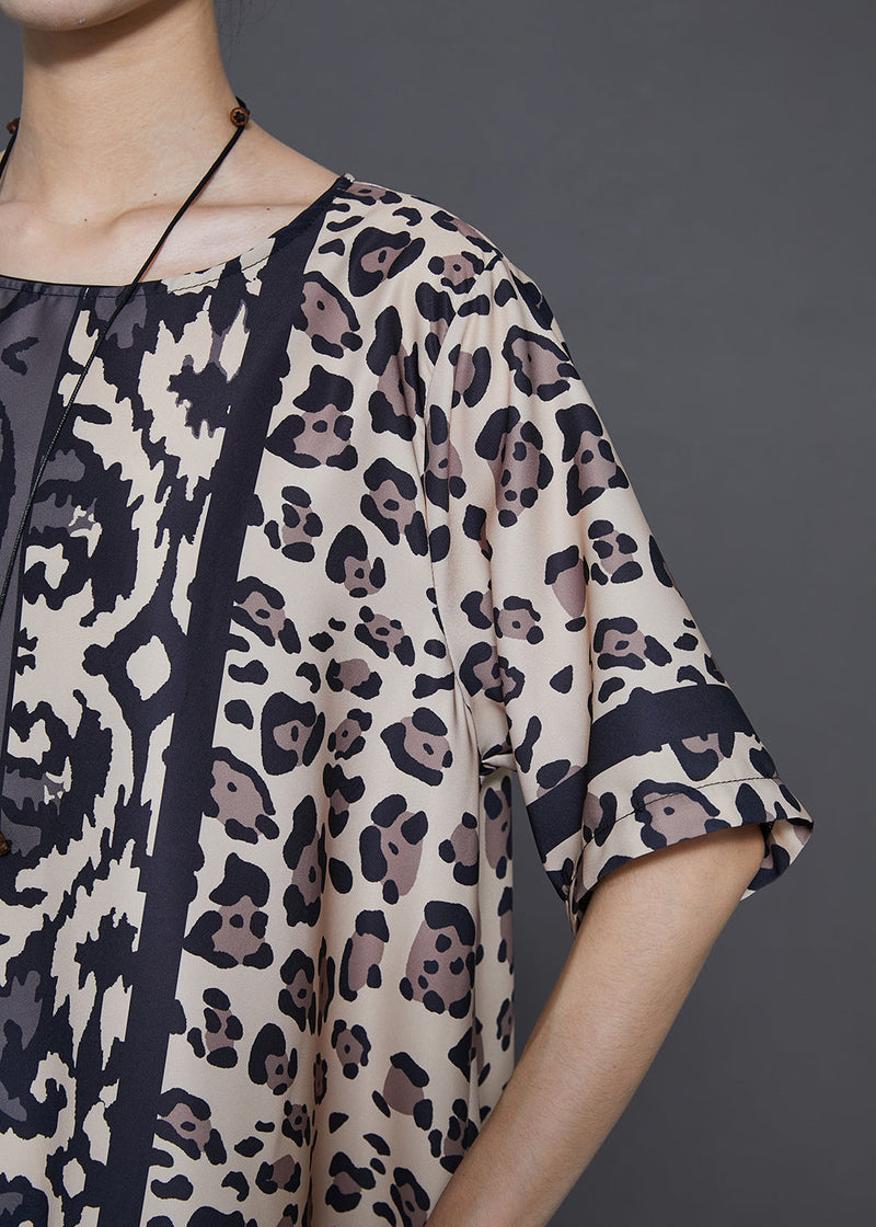 Khaki Oversized Leopard Print Silk Dress Summer