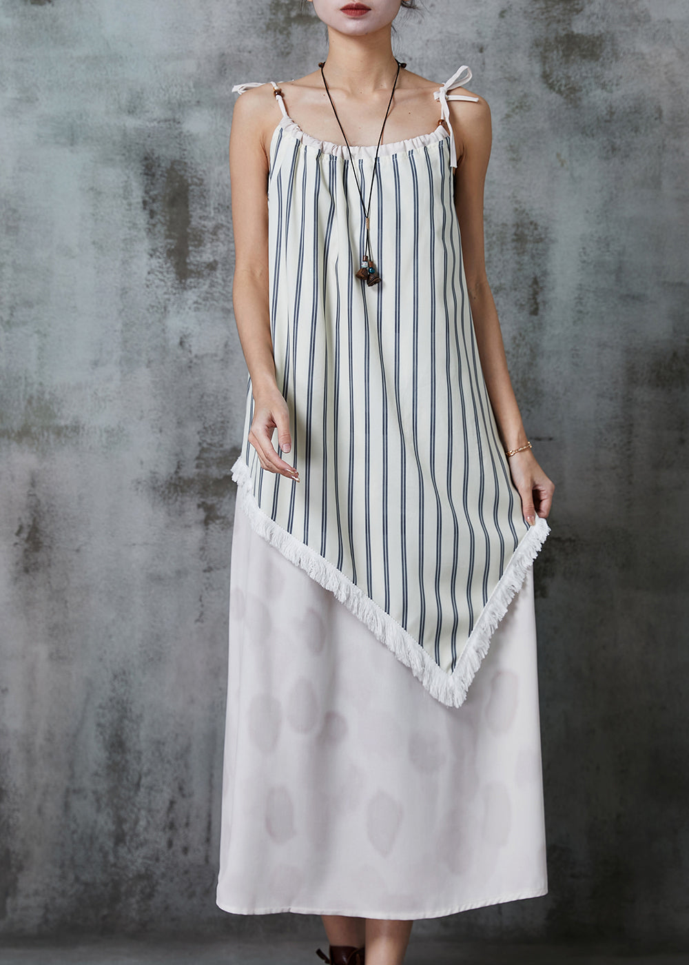 White Asymmetrical Patchwork Striped Summer Dress