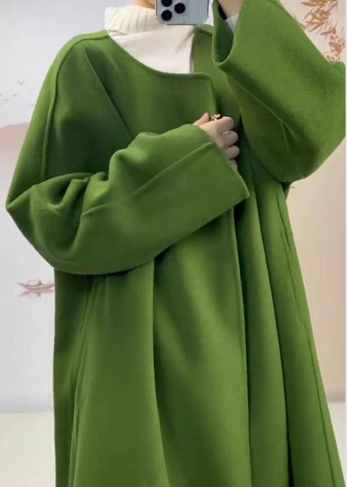 Classy Green O Neck Pockets Woolen Coat Fall