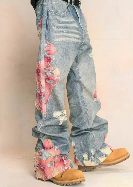 Blue Print Pockets High Waist Denim Pants Fall