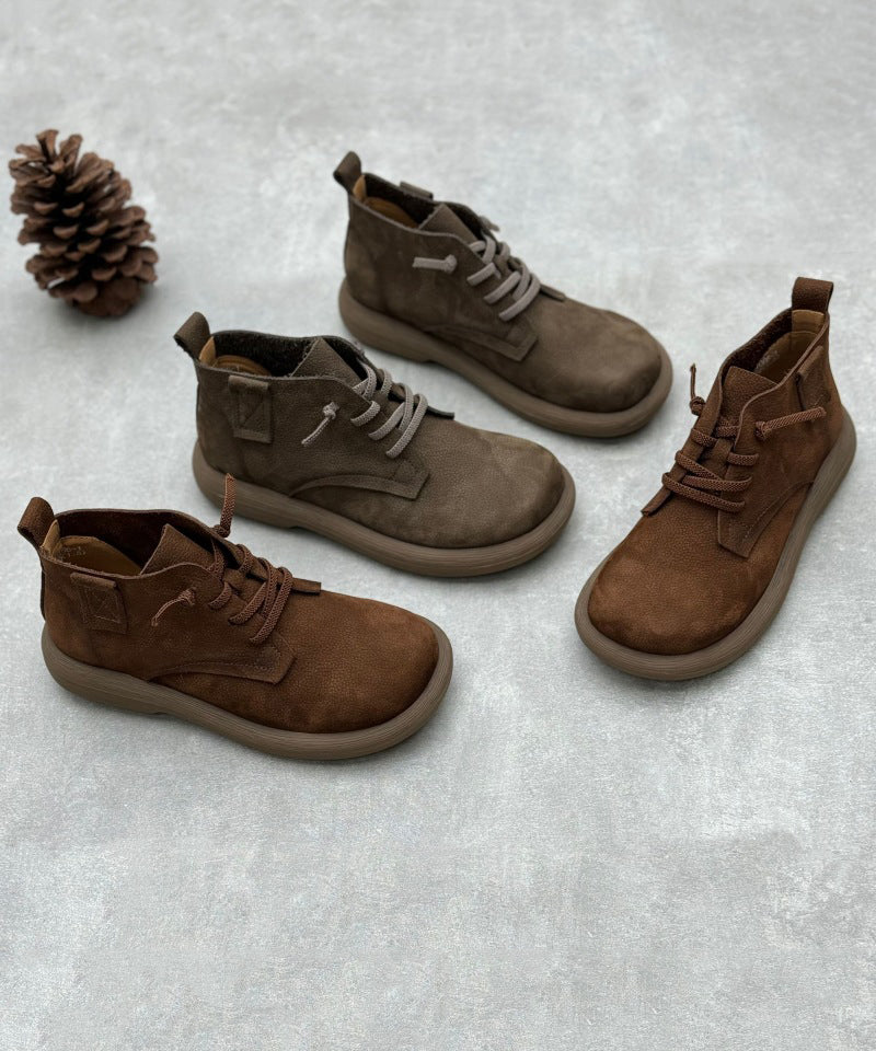 Grey Comfortable Cowhide Leather Splicing Lace Up Boots