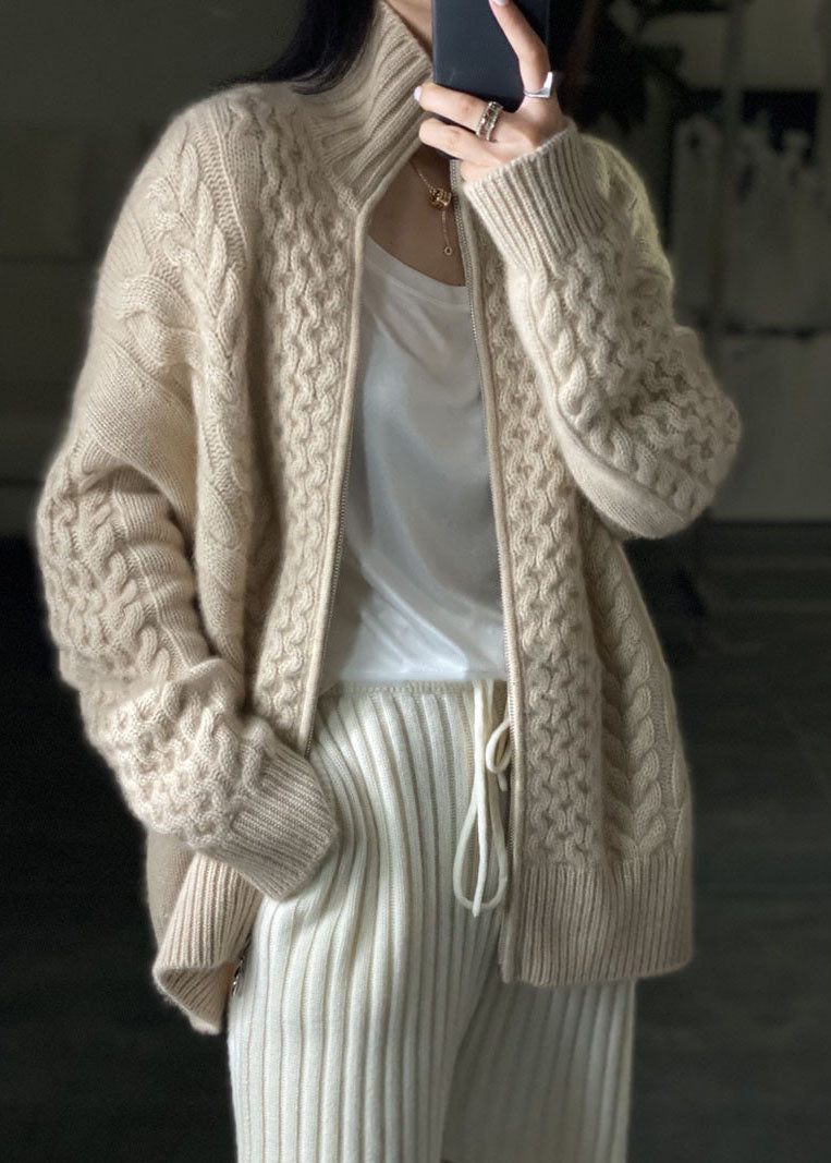 Diy Beige Zip Up Woolen Knitted Tops Coat Winters