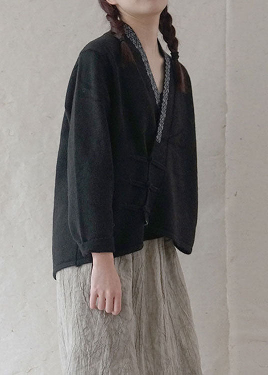 Simple Black Button Embroidered Asymmetrical Design Fall Knit Sweater