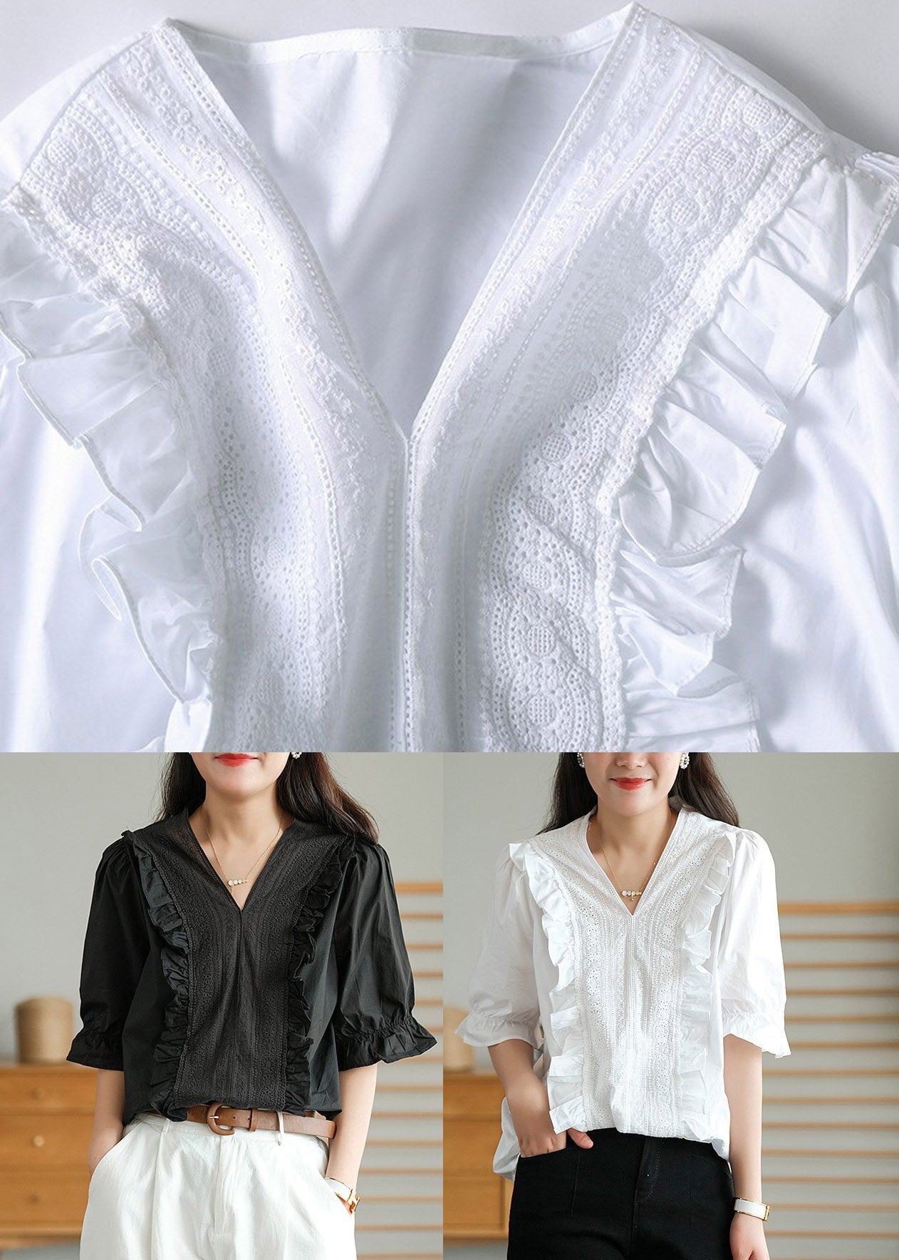White V Neck Ruffled Linen T Shirt Half Sleeve