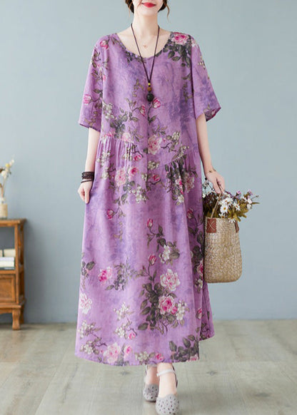 Purple O-neck Print Maxi Dress Summer